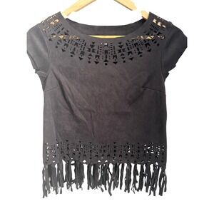 Xhilaration Black Suede Cutout Fringe Crop Top XS